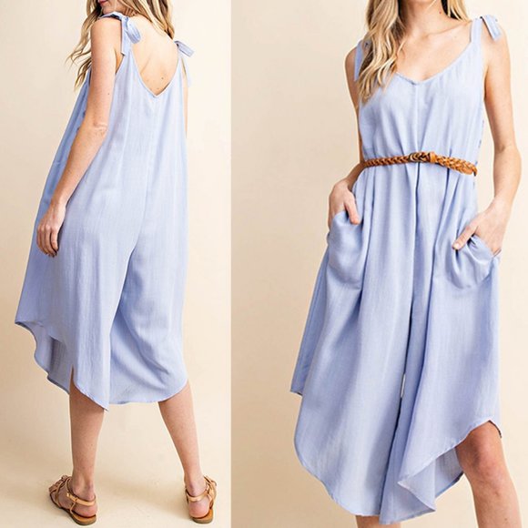 Sky Blue Knotted V-line Wide Crop Jumpsuit - Picture 3 of 5